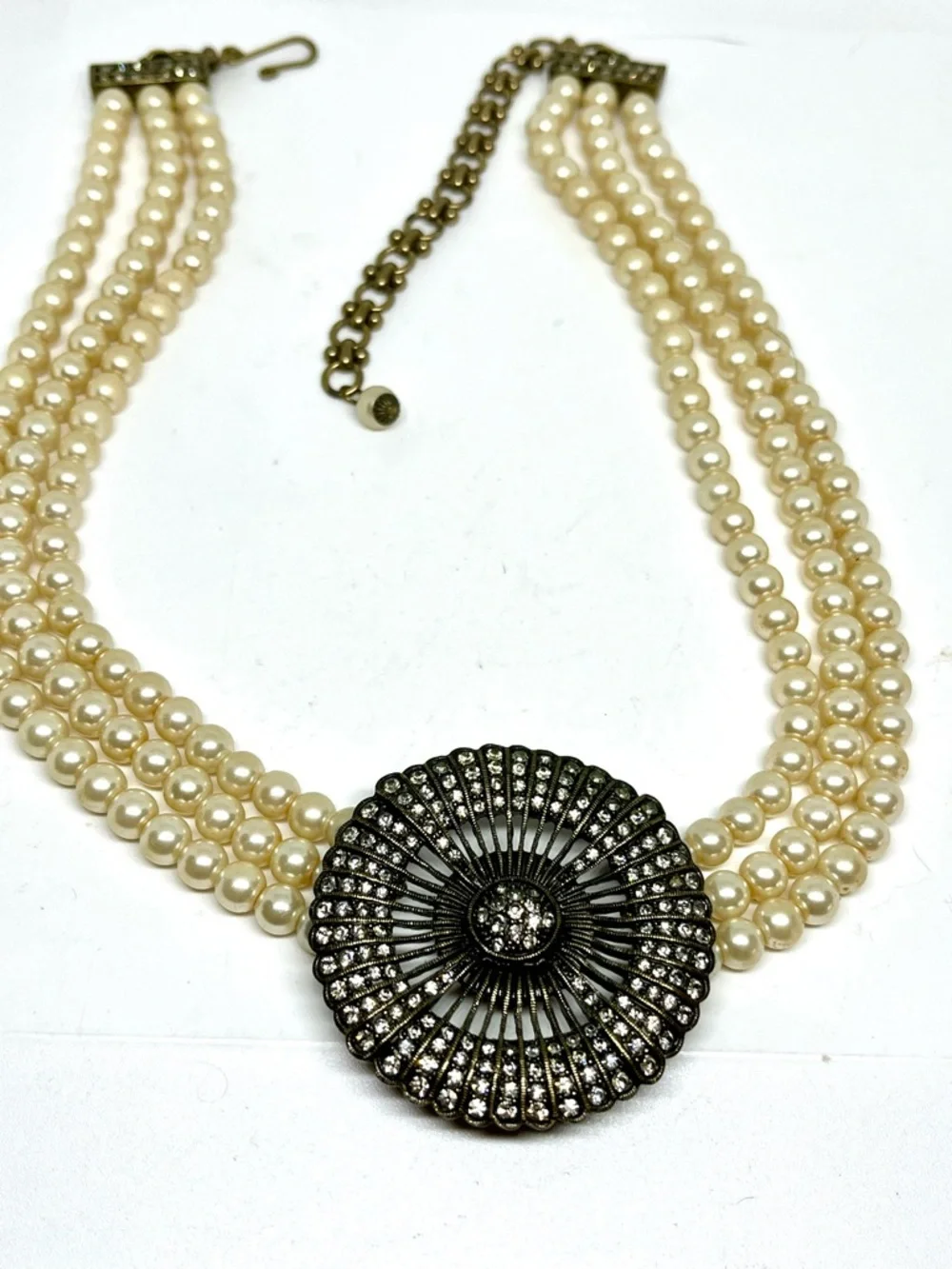 Heidi Daus Pearl Necklace with Ornate Silver Medallion